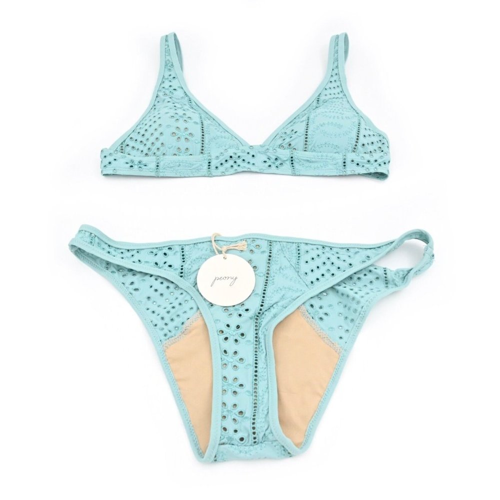 NWOT Womens Laser Cut Bikini Top Bottom Blue High Cut Beach Revolve Size 12